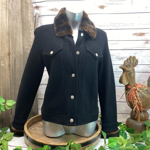 Real Clothes Black Wool Peacoat Jacket Faux Fur Warm Winter Coat M - Picture 1 of 12